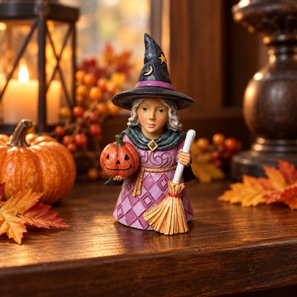 Jim Shore Mini Witch Holding Pumpkin Broom 6014477 Halloween Figurine With Box